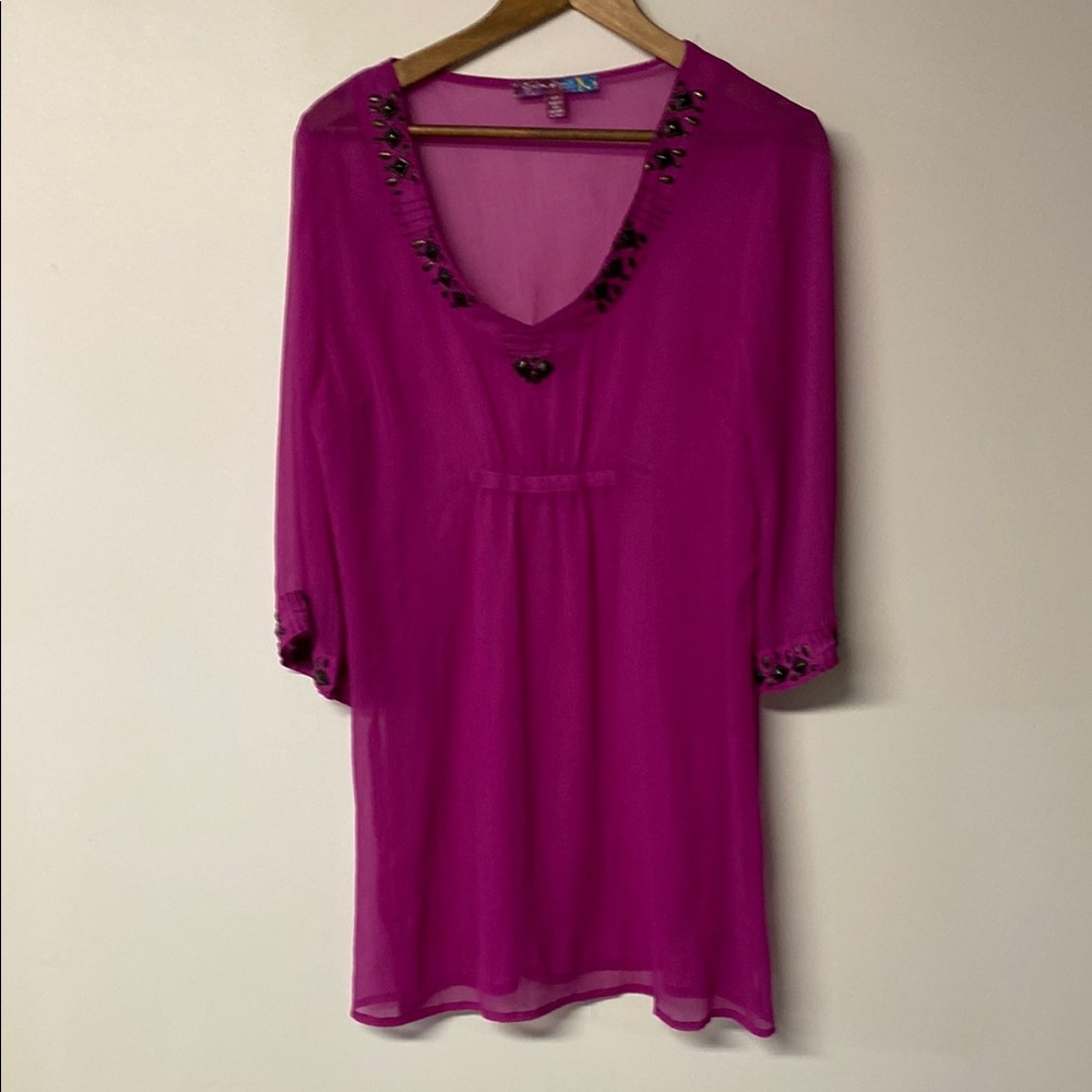 COUPE SWIM Pink Embellished 3/4 Sleeve Swim Sheer Coverup